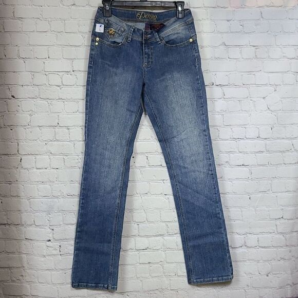 House of De'reon Beyonce Mid-Rise Straight Premium Jeans Blue Distressed Denim - Picture 5 of 15
